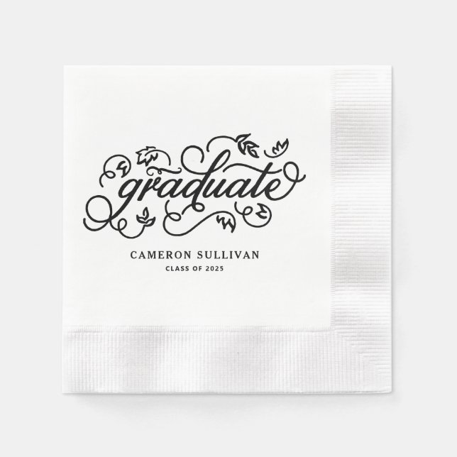 Black Whimsical Floral Script Abschluss Serviette (Vorderseite)