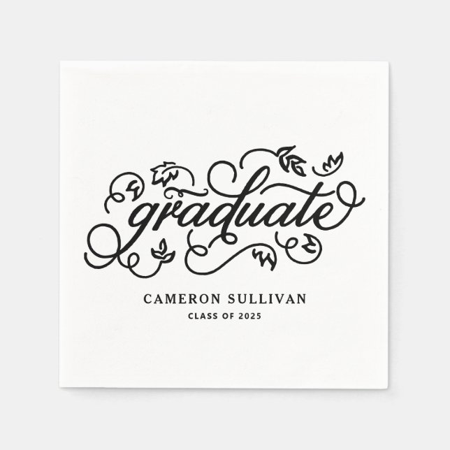Black Whimsical Floral Script Abschluss Serviette (Vorderseite)