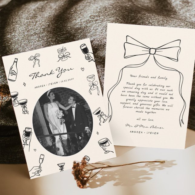 Black Whimsical Foto Hand Drawn Wedding Dankeskarte (Von Creator hochgeladen)