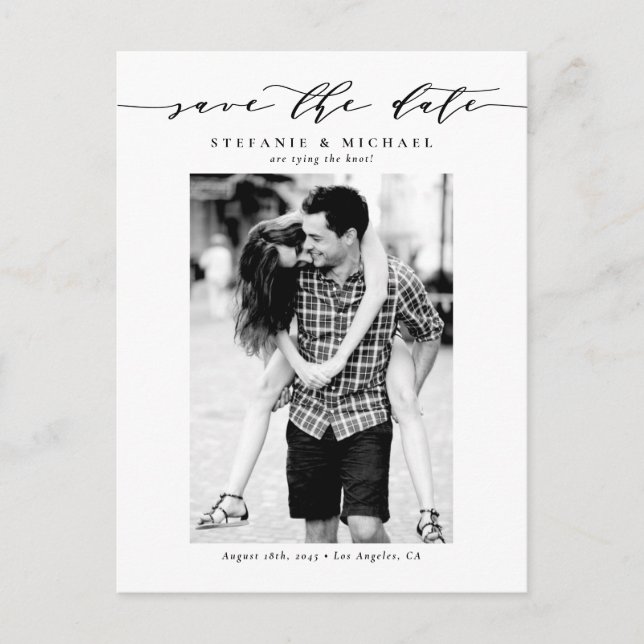 Black Whimsical Script Photo Save the Date Ankündigungspostkarte (Vorderseite)