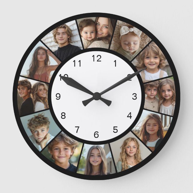 Black White 12 Photo Collage Modern  Große Wanduhr (Vorderseite)