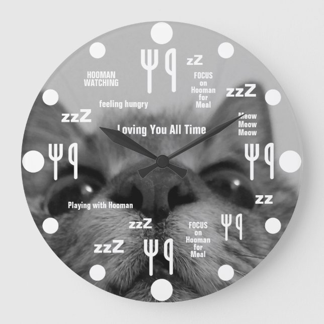 Black&White 17yro kitty Large Clock Große Wanduhr (Vorderseite)