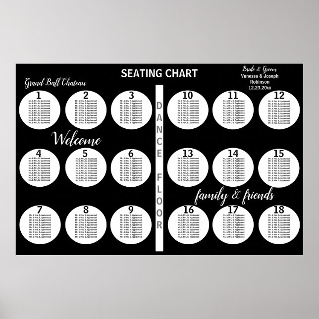 Black White 18 Tables to 360 Wedding Guests  Poster (Vorne)