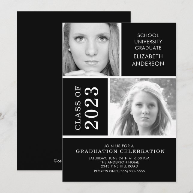 Black & White 2 Photo Graduation Invitation (Devant / Derrière)