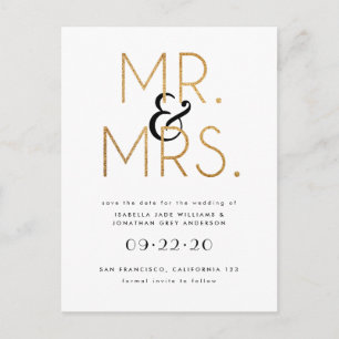 Black, White and Gold Mr & Mrs. Save the Date Ankündigungspostkarte