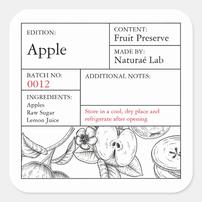 Black & White Apothecary Apple label Quadratischer Aufkleber (Vorderseite)