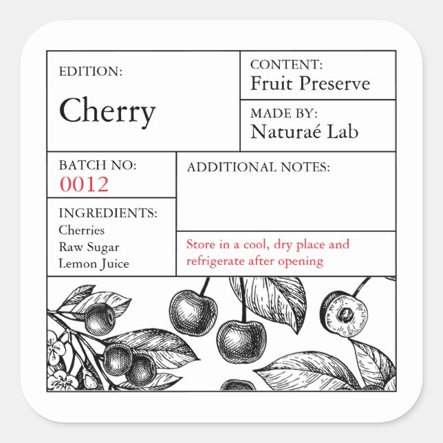 Black & White Apothecary Cherry label Quadratischer Aufkleber (Vorderseite)