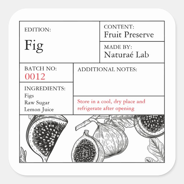 Black & White Apothecary Fig label Quadratischer Aufkleber (Vorderseite)