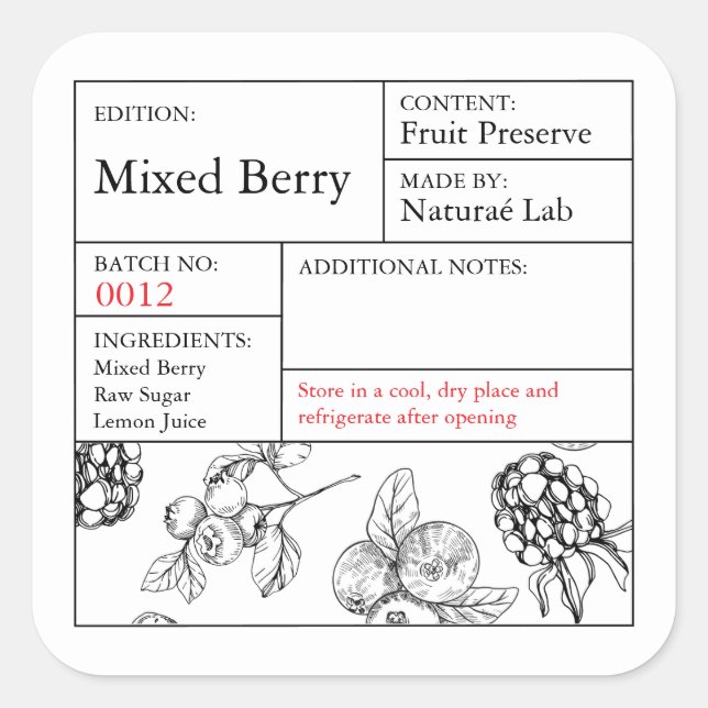 Black & White Apothecary Mixed Berry Label Quadratischer Aufkleber (Vorderseite)