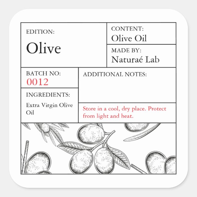 Black & White Apothecary Olive label Quadratischer Aufkleber (Vorderseite)