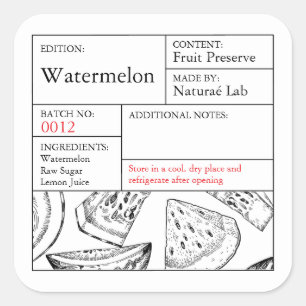 Black & White Apothecary Wassermelonen-Etikett Quadratischer Aufkleber