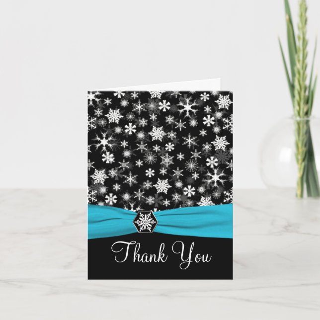 Black, White, Aqua Snowflakes Merci Carte Note (Devant)