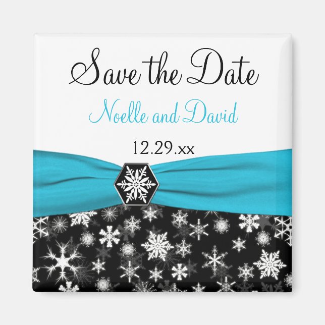 Black, White, Aqua Snowflakes Save the Date Magnet (Devant)