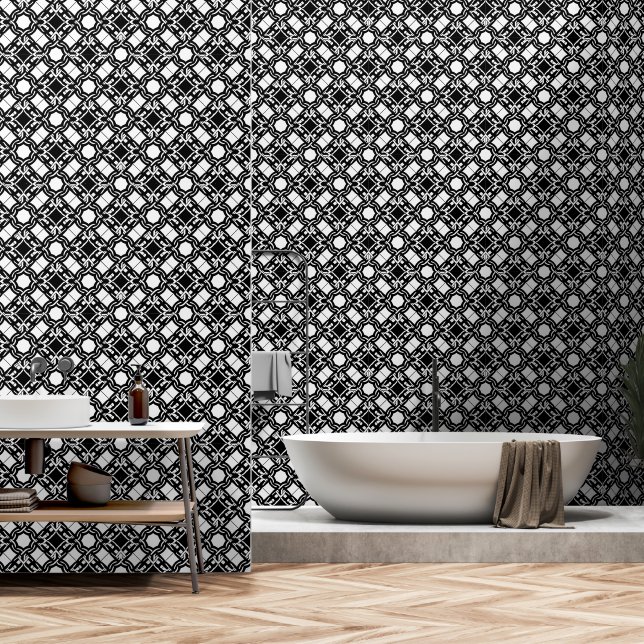 Black White Art Deco Interlaced Pattern Tapete (Badezimmer)