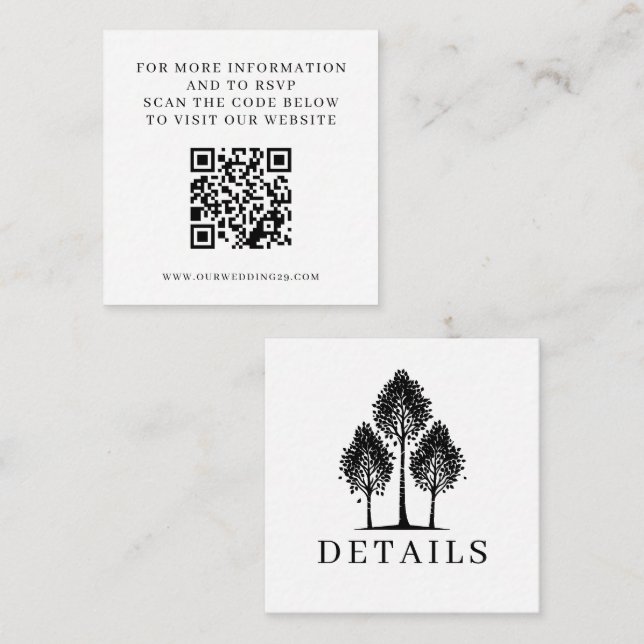 Black & White Aspen Tree Wedding QR Begleitkarte (Vorne/Hinten)