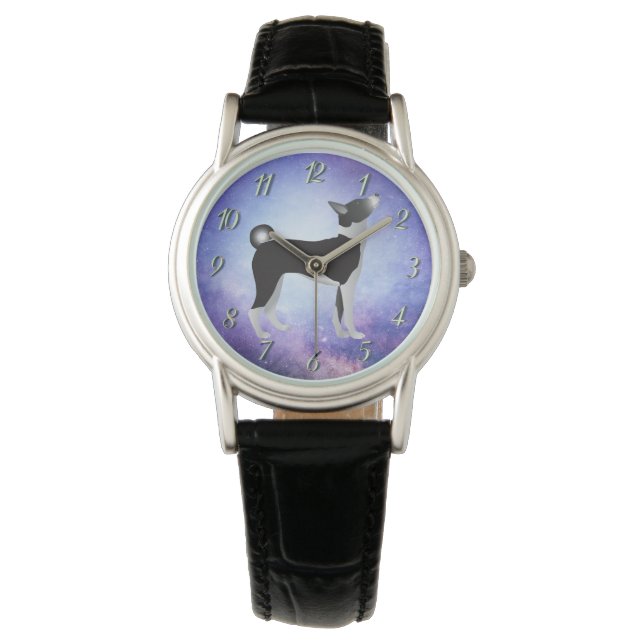 Black & White Basenji Dog & Blue Universe Armbanduhr (Vorderseite)
