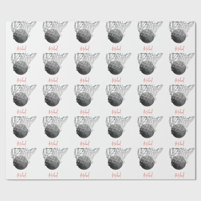 Black & White Basketball Ball & Net Your Name Geschenkpapier (Flach)