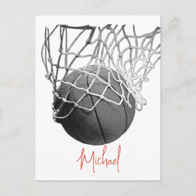 Black & White Basketball Ball & Net Your Name Postkarte (Vorderseite)