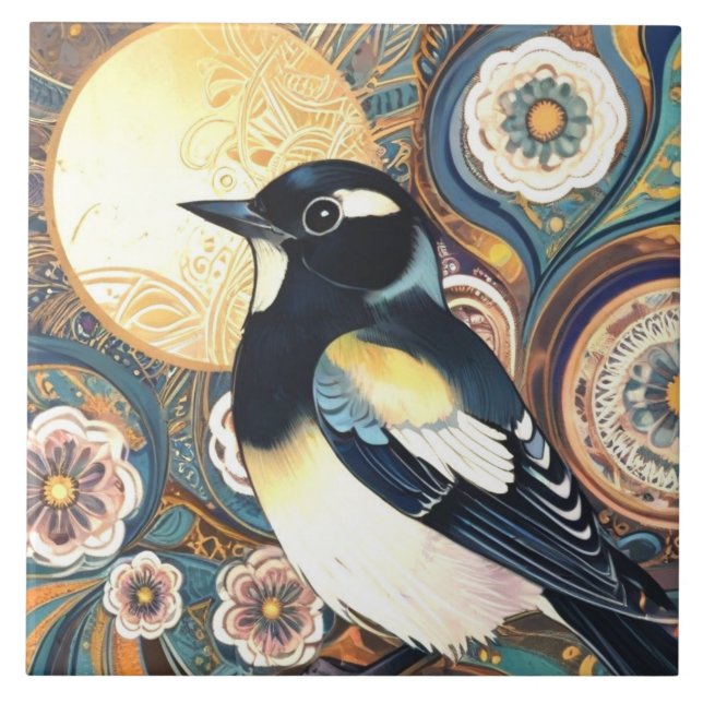 Black & White Bird Art Deco Jugendstil Blume Flora Fliese (Vorderseite)