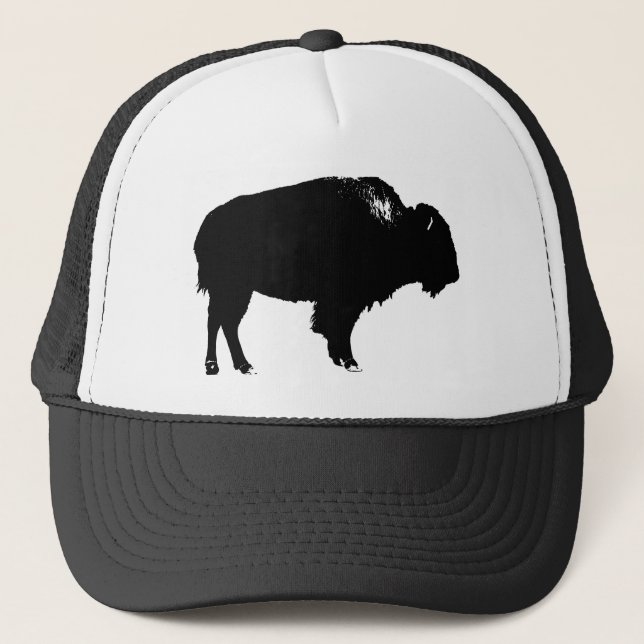 Black & White Bison Buffalo Silhouette Pop Truckerkappe (Vorderseite)
