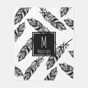 Black & White Boho Tribal Feathers - Personalisier Fleecedecke