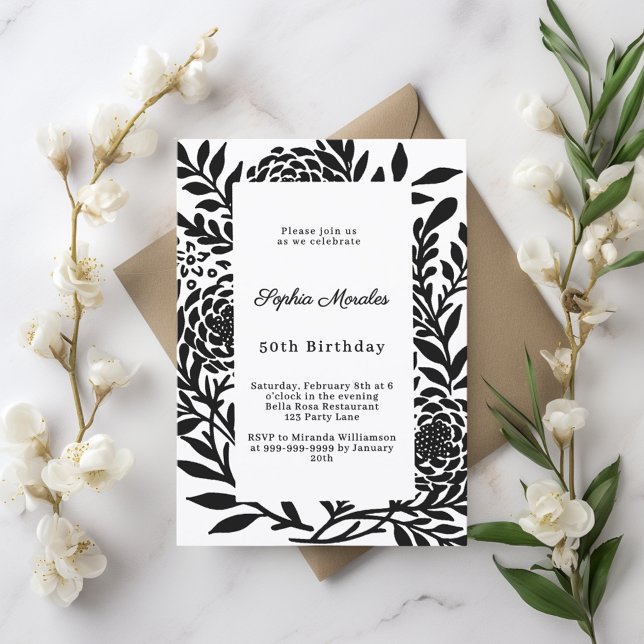 Black white botanical birthday einladung (Von Creator hochgeladen)