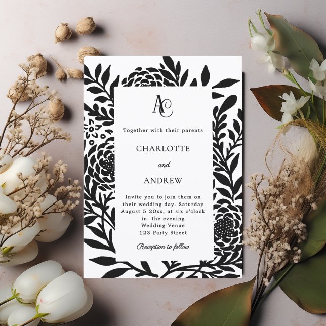 Black white botanical modern monogram wedding einladung (Von Creator hochgeladen)