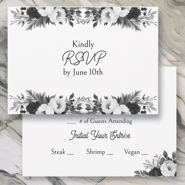 Black & White Botanical Wedding RSVP and Meals Karte (Von Creator hochgeladen)