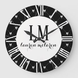 Black & White Bow Monogram Große Wanduhr