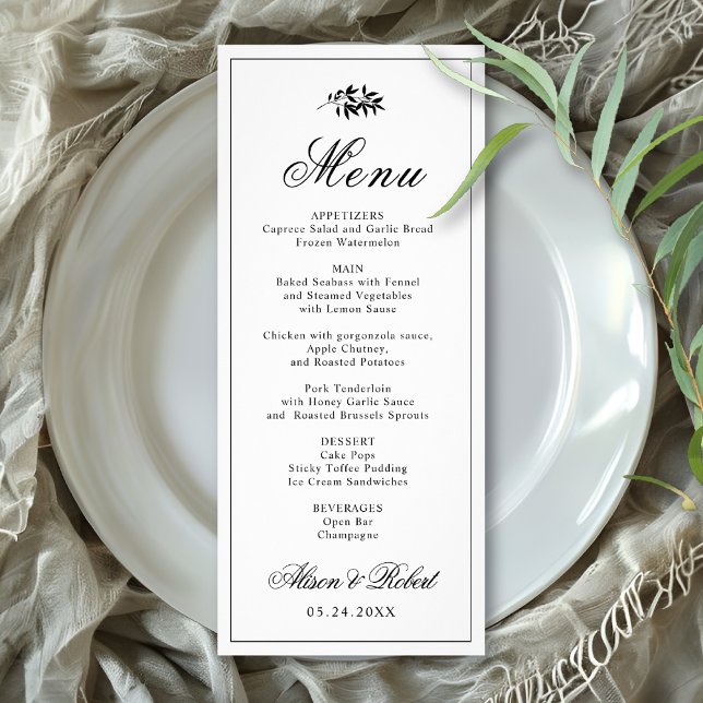 Black white branch Old Money wedding menu card (Créateur téléchargé)