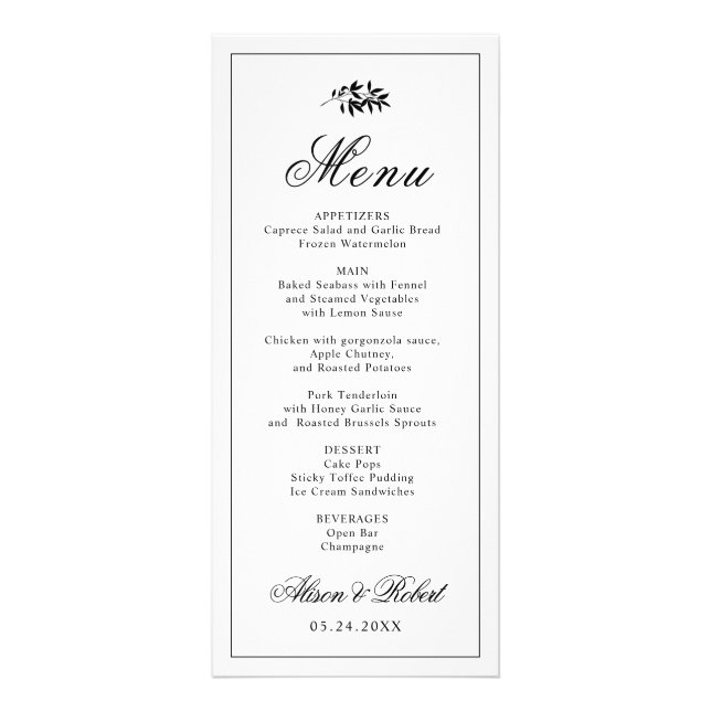 Black white branch Old Money wedding menu card (Devant)