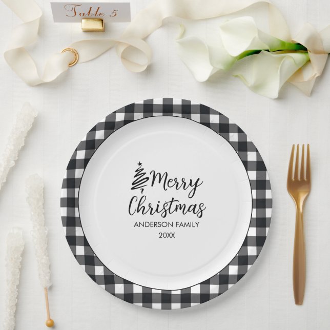 Black & White Buffalo Kariertes Minimalistisches W Pappteller (Hochzeit)