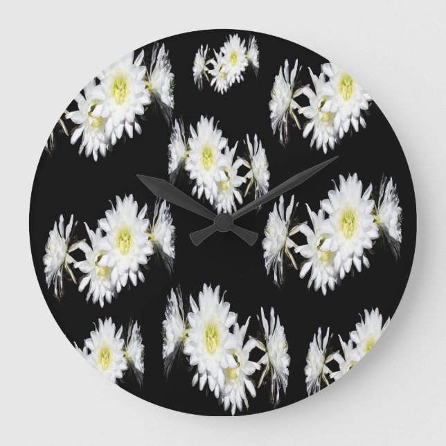 Black White Cacti Flower Pattern, Large Wall Clock Große Wanduhr (Vorderseite)