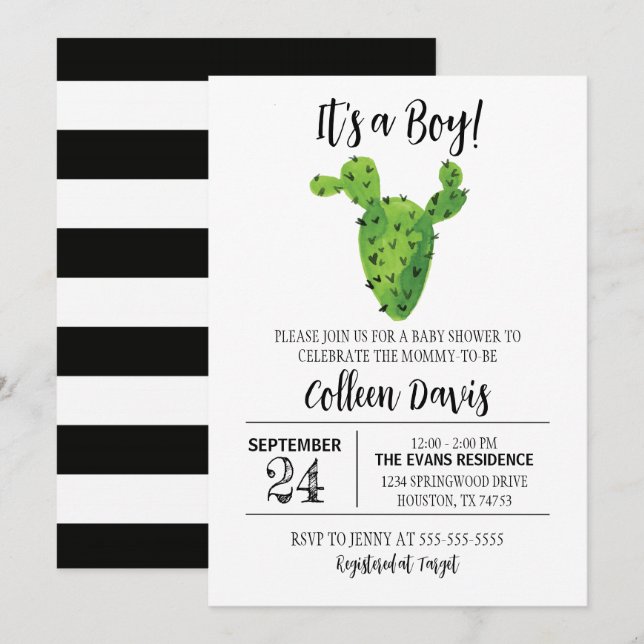 Black & White Cactus Baby Shower Einladung (Vorne/Hinten)