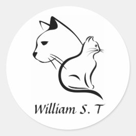 Black & White Cat Line Art with Personalized Name Runder Aufkleber