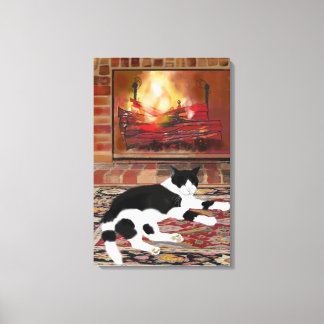 Black White Cat Lying front of Fireplace  Leinwanddruck