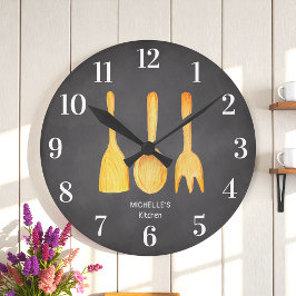 Black White Chalkboard Yellow Utensils Kitchen Runde Wanduhr