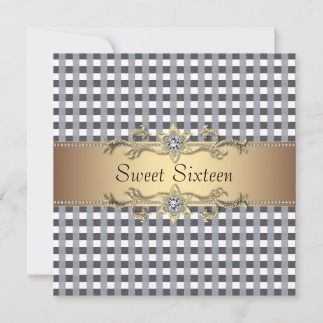 Black White Check Gold Sweet sixteen Invitation (Devant)