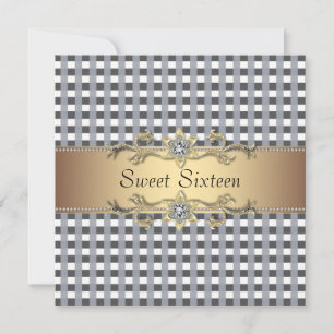 Black White Check Gold Sweet sixteen Invitation