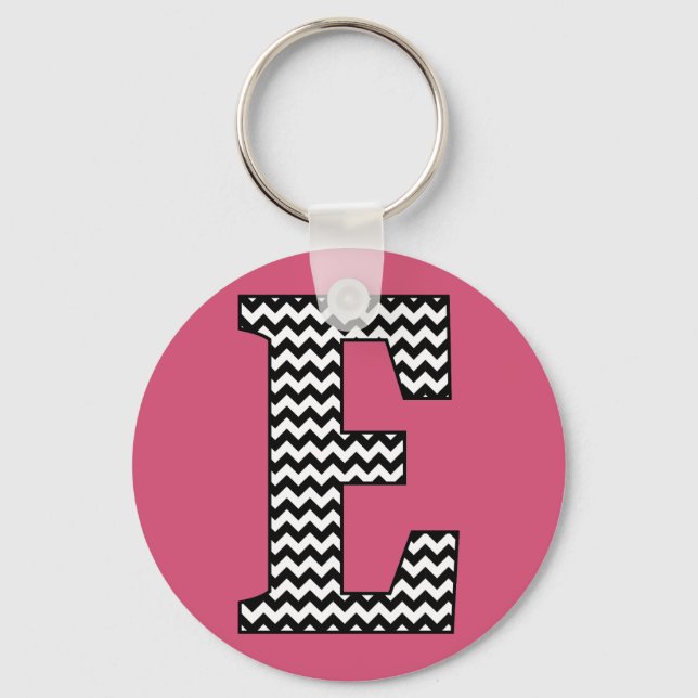 Black & White Chevron E Monogram Basic Keychain Schlüsselanhänger (Vorderseite)