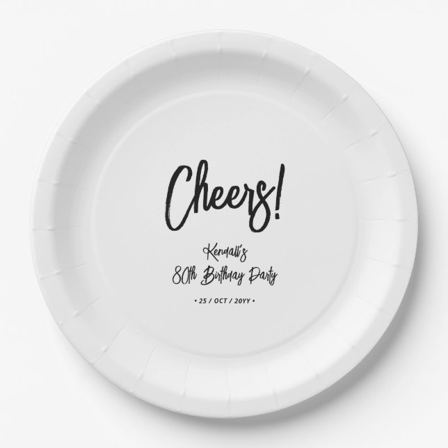 Black & White | Chic Cheers 80th Birthday Party Pappteller (Vorderseite)