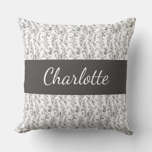 Black White Chic Toile Floral Custom Name Kissen (Vorderseite)