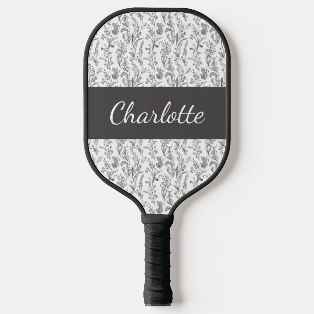 Black White Chic Toile Floral Custom Name Pickleball Schläger (Vorderseite)
