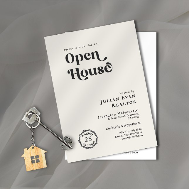 Black & White Chic Typografy Business Open House Einladung (Property Photo Background Typography Open House Invitation)