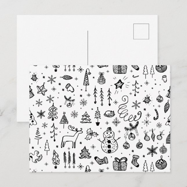 Black & White Christmas Icons Pattern – Cute  Einladungspostkarte (Vorne/Hinten)