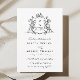 Black & White Classic Floral Crest Wedding Einladung
