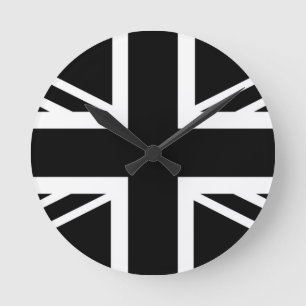 BLack & White Classic Union Jack British(UK) Flag Runde Wanduhr