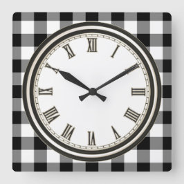 Black white Country check pattern kitchen clock Quadratische Wanduhr
