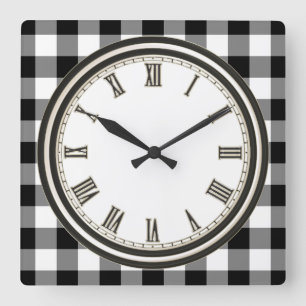 Black white Country check pattern kitchen clock Quadratische Wanduhr