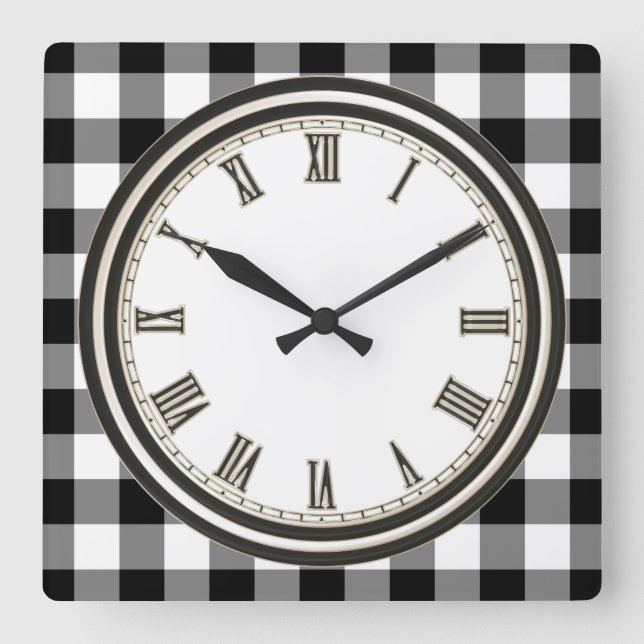 Black white Country check pattern kitchen clock Quadratische Wanduhr (Vorderseite)